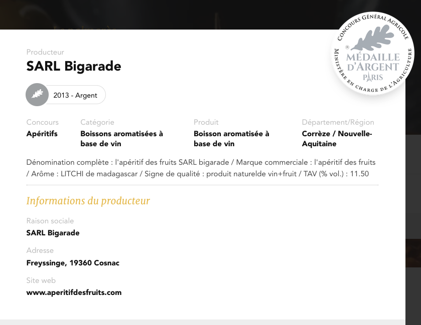 Médaille d'argent 2013 pour l'apéritif au litchi